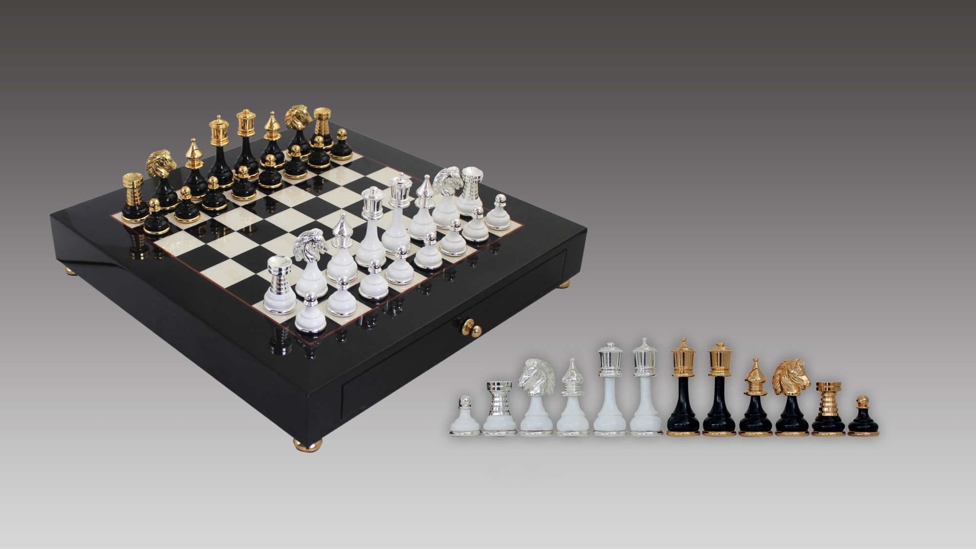 Soviet Inspired Brass Metal Luxury Chess Pieces & Board Set