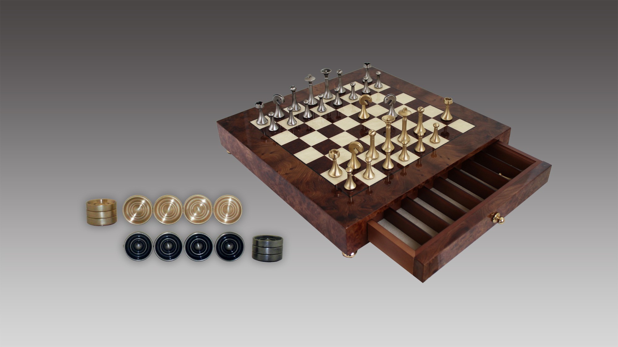 Brass Metal French Lardy Design Luxury Chess Pieces and Board Combo Set