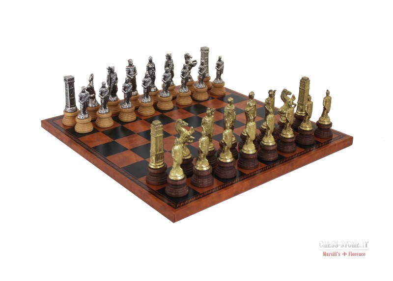 Luxury brown leather and marble chess set board with roman