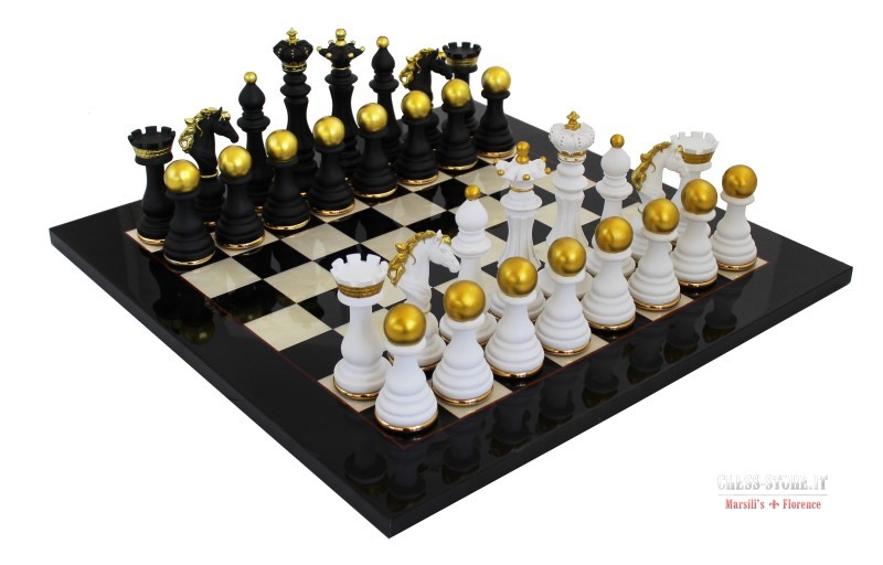 Luxury black leather and marble chess set board with roman chessmen –