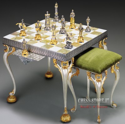 The Messina Gold and Silver Italian Leather Luxury Chess Set 